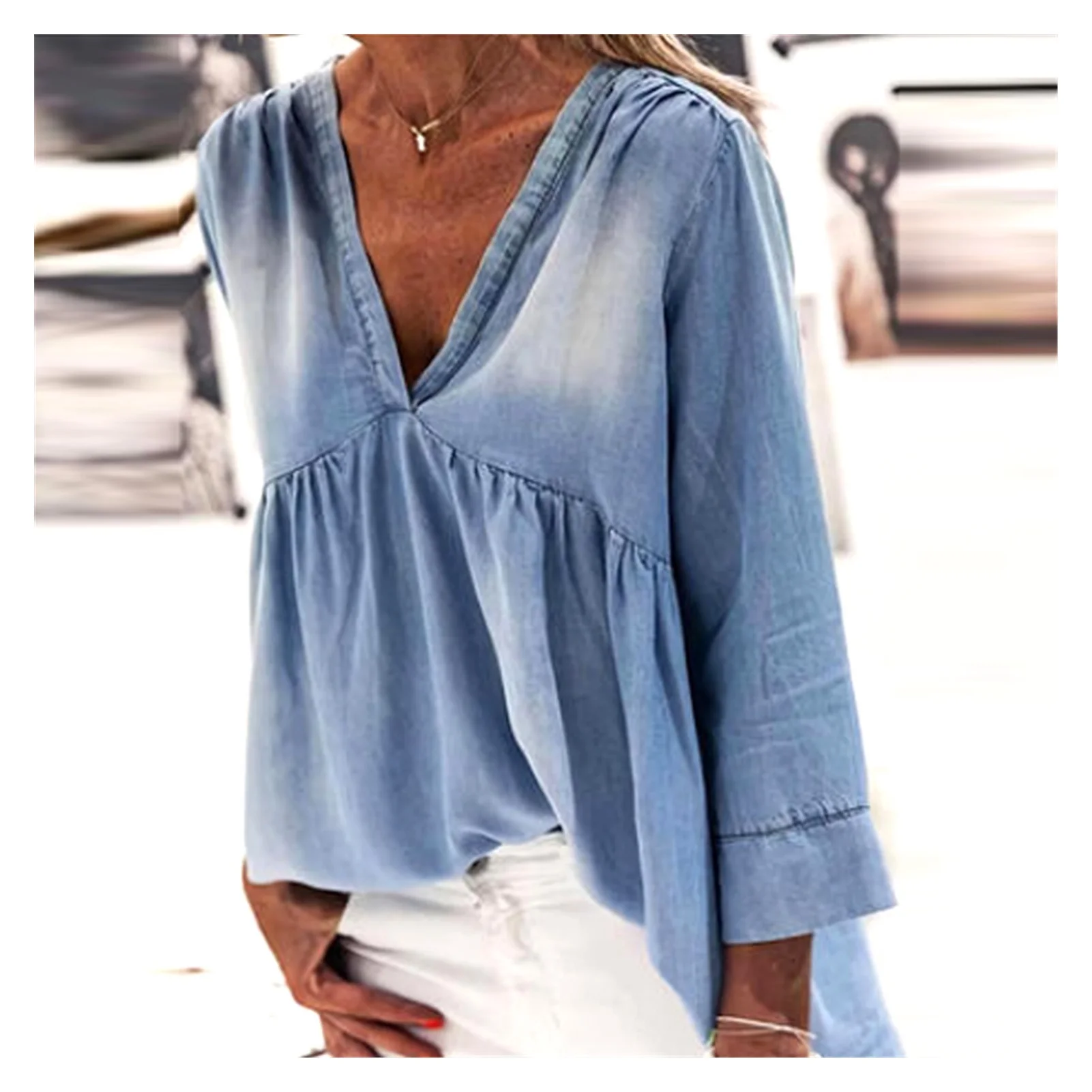 

2022NEW Women's jean top 2022 office wear loose fashion v-neck shirt women's large size street wear nine quarter sleeves