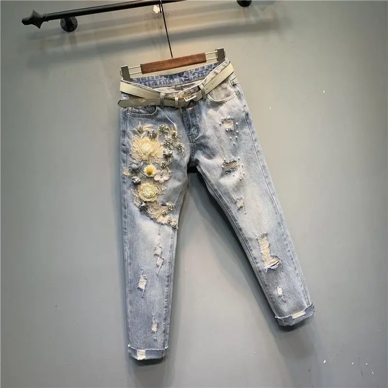 Printed Flower Jeans Woman Summer Fashion Harem Pants 2023 New Loose Denim Elastic Waist Vintage Ankle-length Pants B15