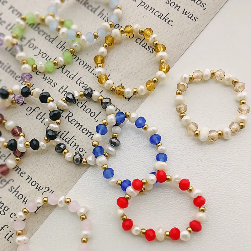 

Colorful Natural Stone Stainless Steel Rings for Women Glass Beaded Gold Crystal Couple Wedding Ring Gothic Pearl Accessories