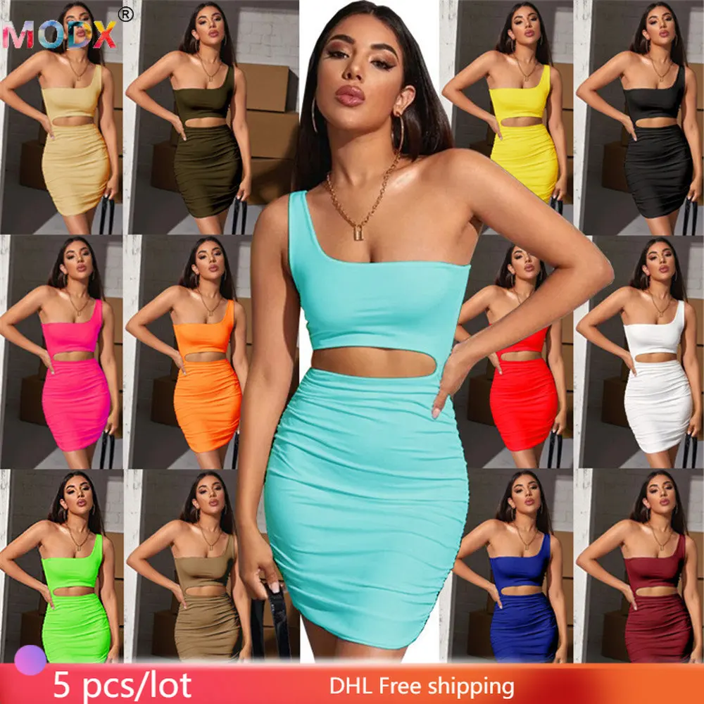 

5 Pcs Bulk Wholesale Sexy Dresses Women Bodycon Hollow Elastic Skirts Short Skirt Solid Pleated Mini Dress Elastic Vestidos 9913