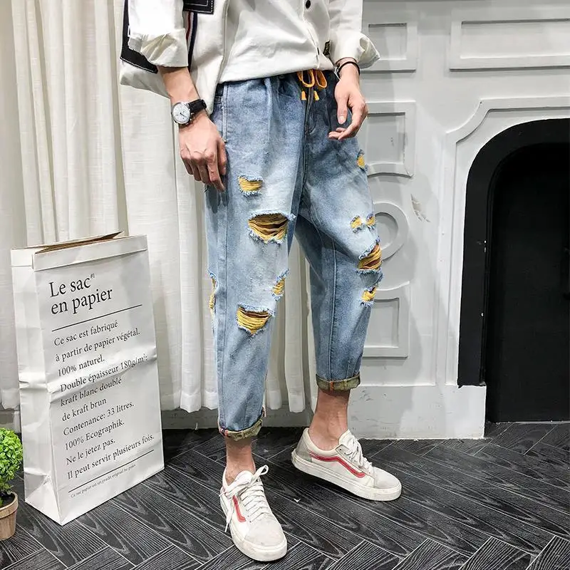 Spring and Summer New Men's Ripped Harem Pants Cropped Jeans Men's Loose Straight Fashion Brand Pants Cropped Pants