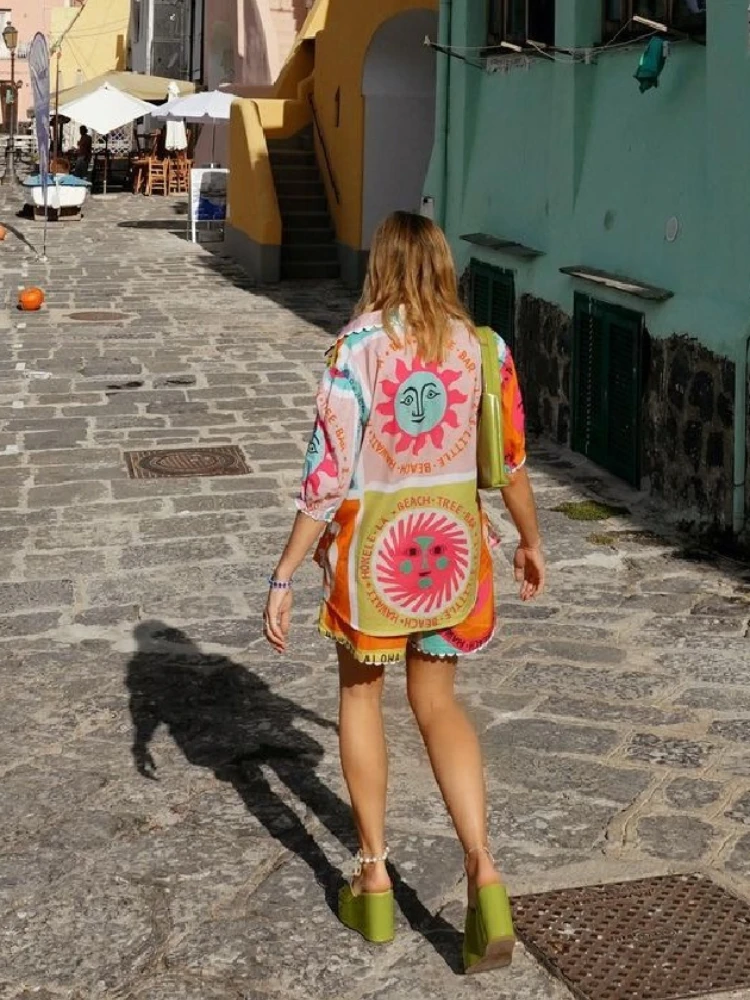 Женский комплект из двух предметов с гавайским принтом рубашка коротким рукавом