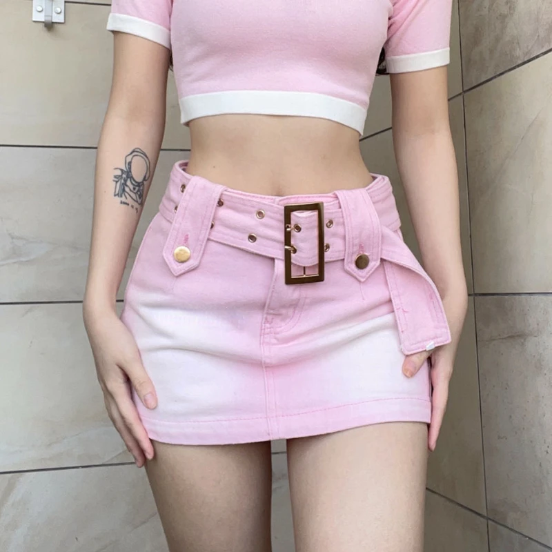 

Женская летняя юбка-трапеция в стиле хип-хоп, модель 2023 года, розовая привлекательная Облегающая джинсовая мини-юбка с заниженной талией, уличная одежда в Корейском стиле