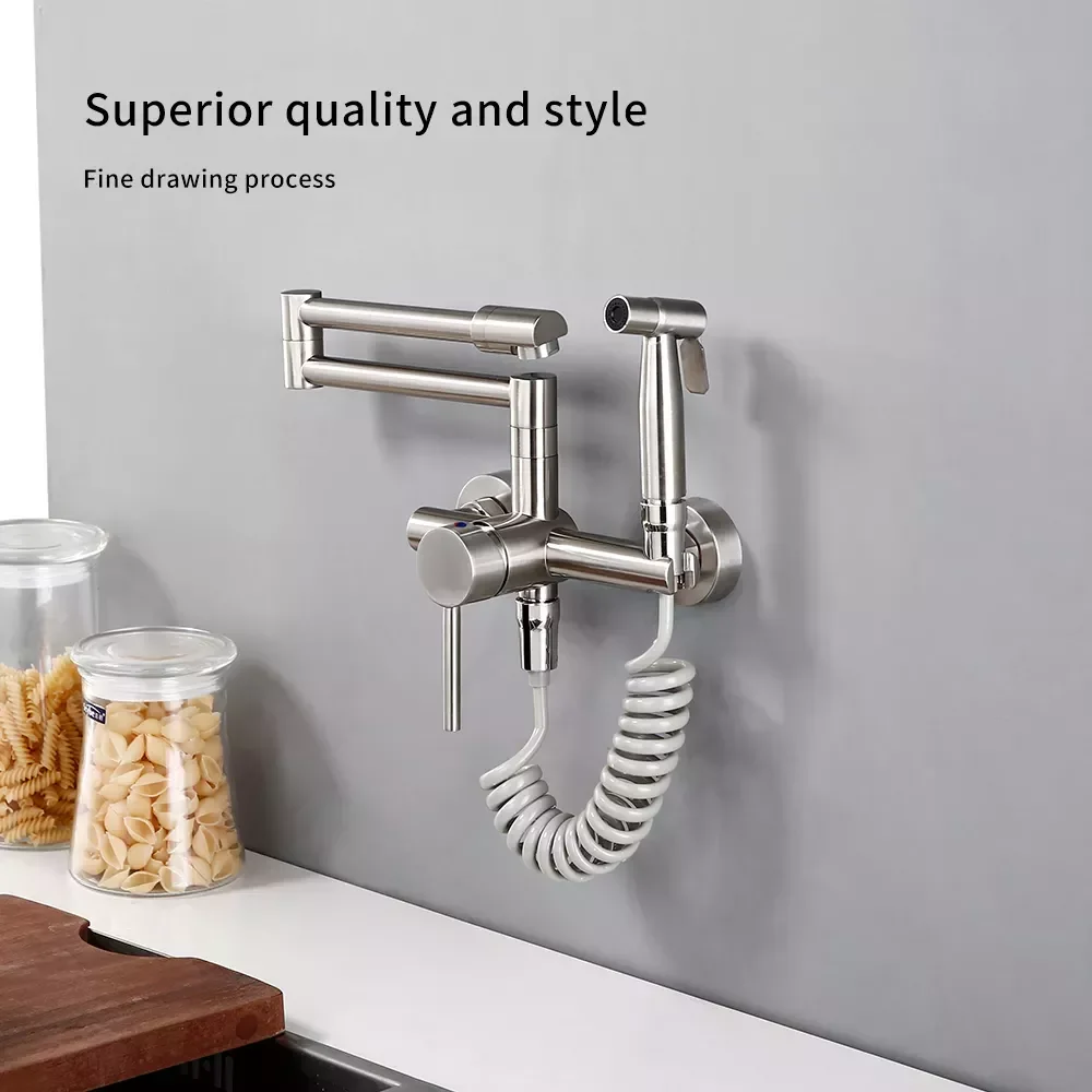 

Kitchen Mixer Tap With Sprayer Hot And Cold Stream Wall Mount Pot Filler Faucet Pull Out Two Hole Wholesale Black Hot Sale