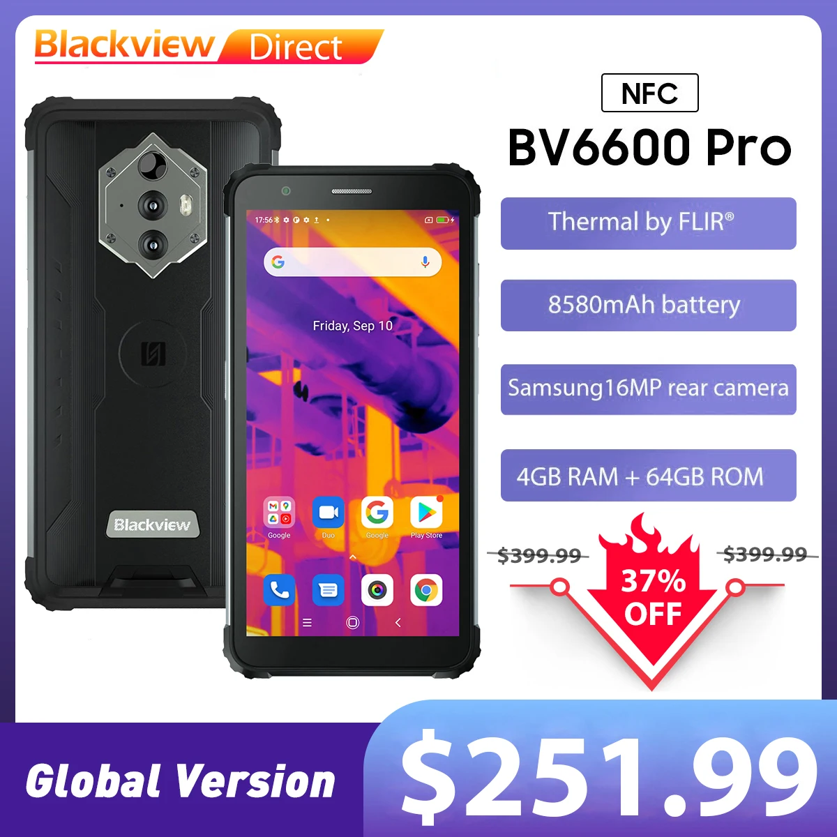 

Blackview BV6600 Pro Rugged Mobile Phone Thermal Imaging Camera FLIR® Android 11 4GB+64GB 8580mAh Global Smartphone