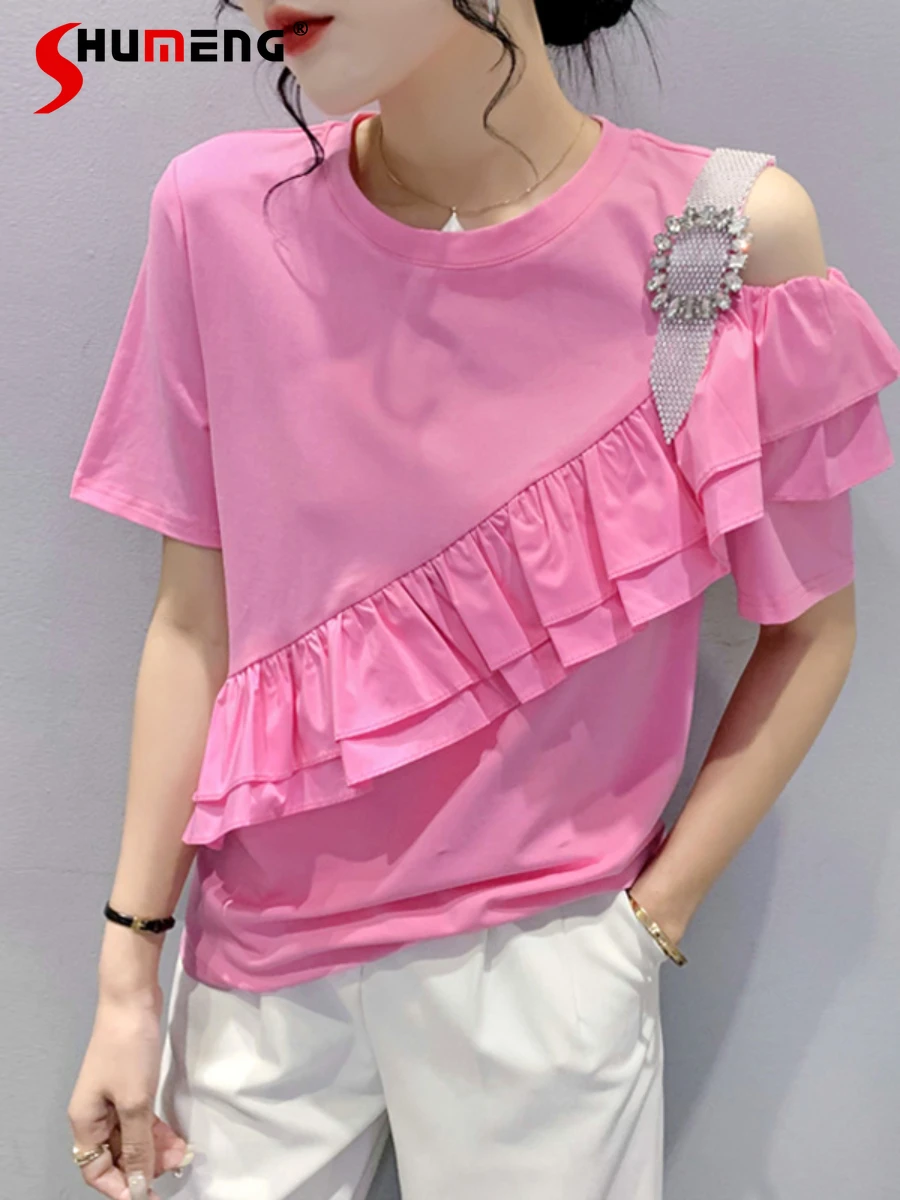 

Women's Sweet Simple Solid Short-Sleeved T-shirt 2022 Summer Ladies Ruffles New Fashionable Stylish Sweet Off-Shoulder Top Tee
