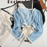 boring honey wraps women short tops long sleeves pure colour hollow out lace up chic sun protection knitted tops women%e2%80%99s clothes