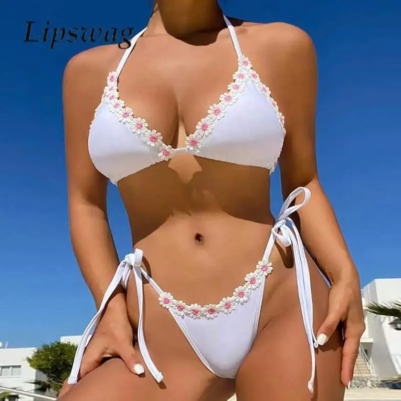 

2023 Daisy Sexy Two Piece Bikini Set Sweet Patchwork Halter Lace-up Women's Swimsuit Summer Backless Push Up Triangle Beachwear