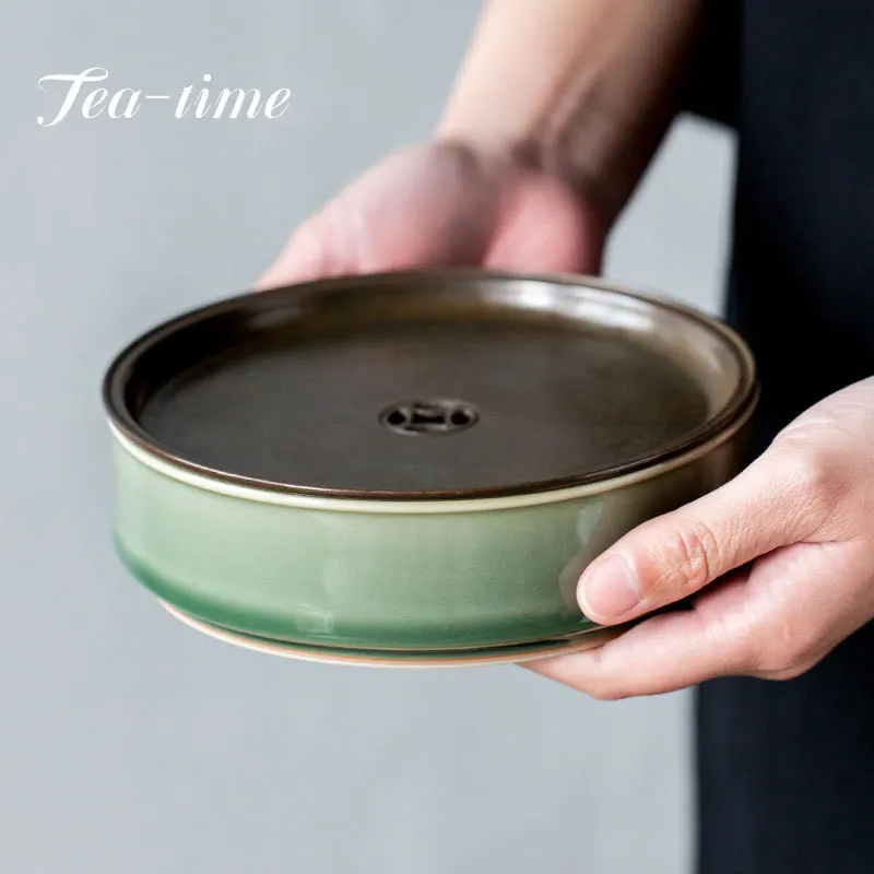 

Yue Kiln Celadon Pot Bearing Household Dry Tea Tray Handmade Ceramic Kung Fu Tea Set Pot Holder Copper Gaiwan Teapot Holder Tray