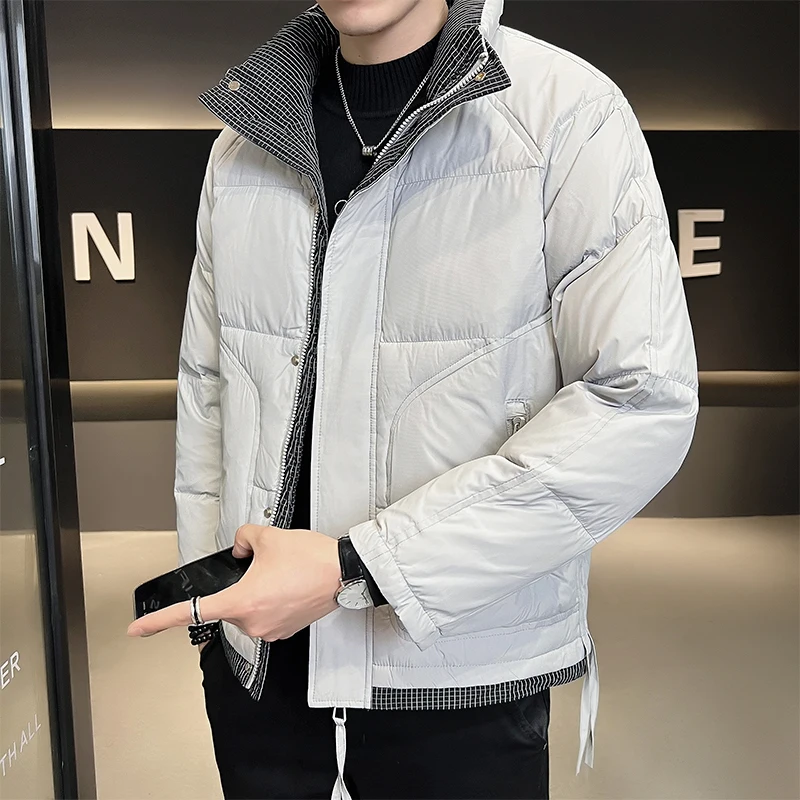 Europe United States Simple High Quality Men Clothing Versatile Fashion Warm Everyday Men Jacket Hatless Collar Zipper Down Coat