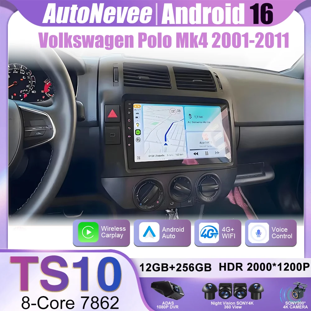 Фото Для Volkswagen Polo Mk4 2001-2011: Автомагнитола Android 16, мультимедийный плеер, GPS-навигация 2DIN, Carplay, Android Auto, 4G, DVD, 8-ядерный процессор №2
