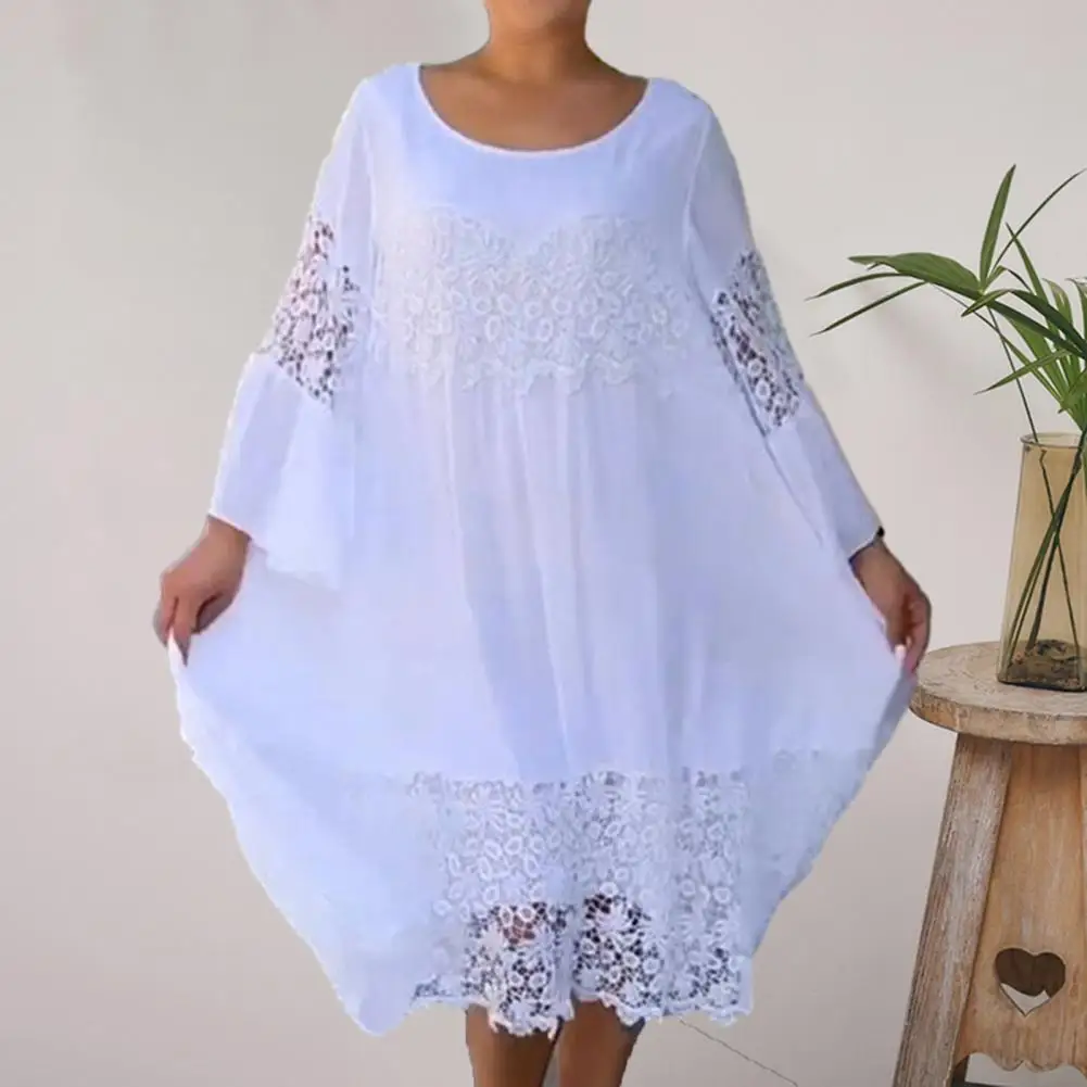 

Women O-Neck 3/4 Sleeve Midi Dress Hollow Lace Stitching Solid Color Loose Fit Casual Party Dress Streetwear