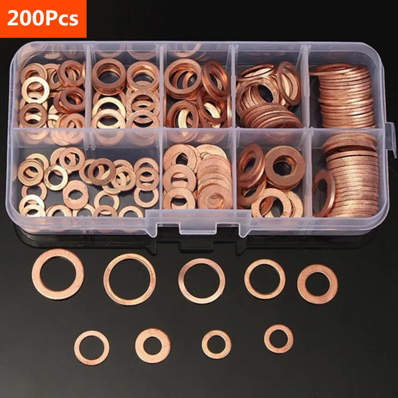 Набор медных шайб 200 шт. уплотнительные гайки и болты в ассортименте с коробкой //