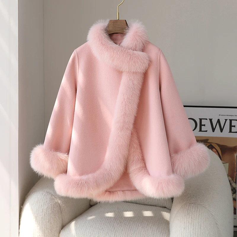 

Pudi Women Genuine Wool Fur New Cloak Design Removable Fox Fur Collar Coat CT222