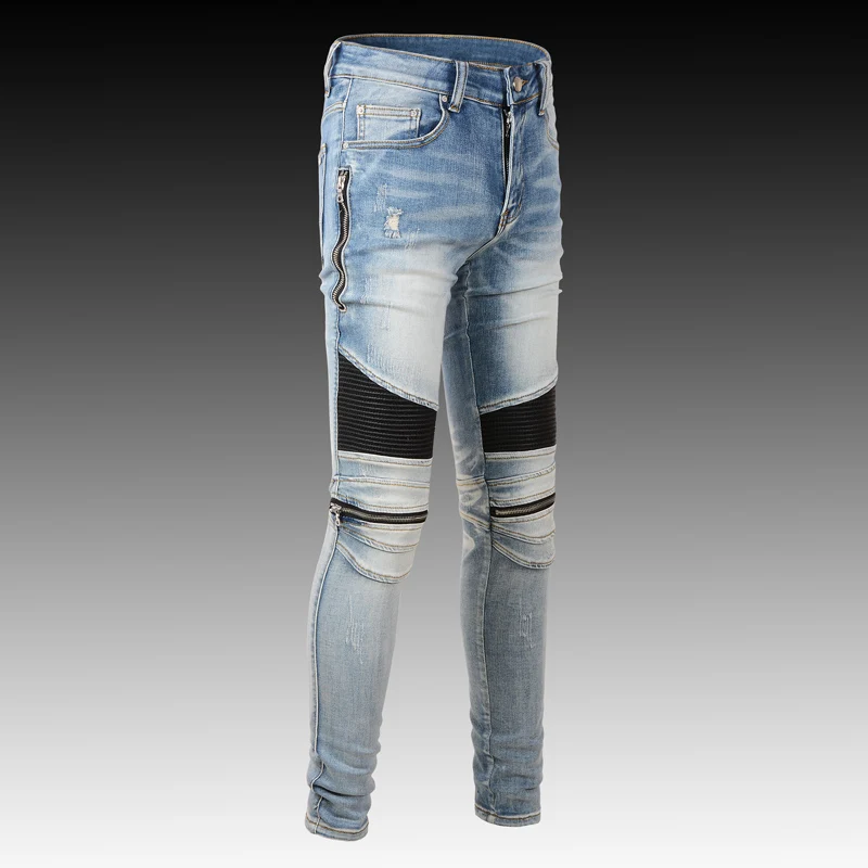 Streetwear Fashion Men Jeans Retro Blue Elastic Slim Fit Ripped Jeans Men Spliced Designer Hip Hop Denim Biker Pants Hombre
