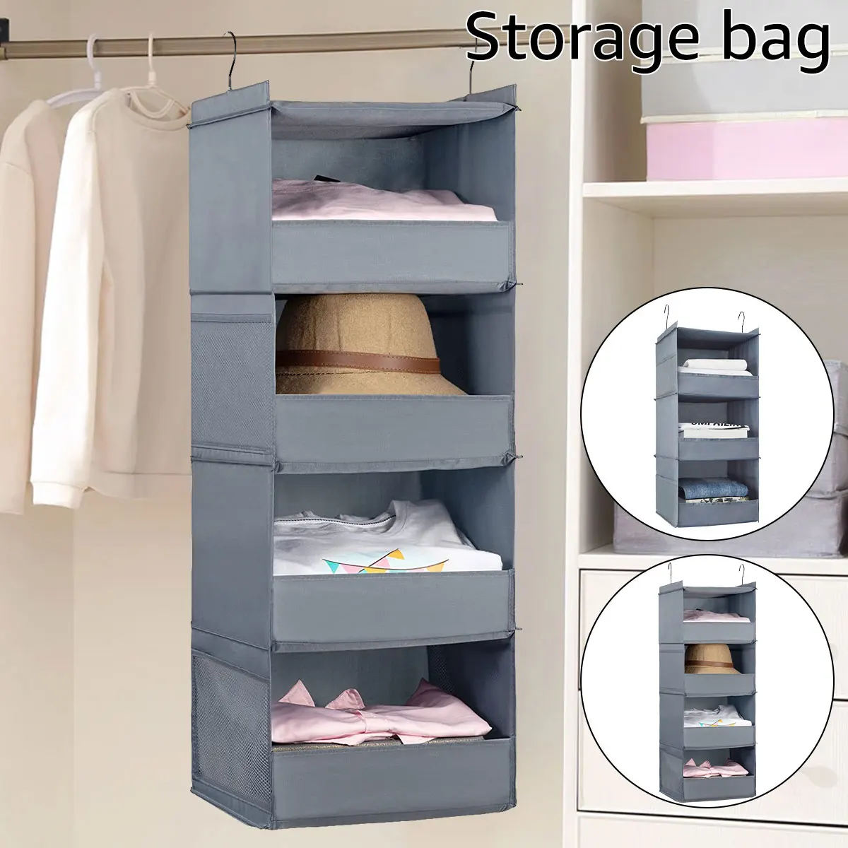 

3/4 Tier Hanging Wardrobe Organizer Collapsible Closet Hanging Shelves with Side Pocket Sturdy Durable Hanging Closet Organizers