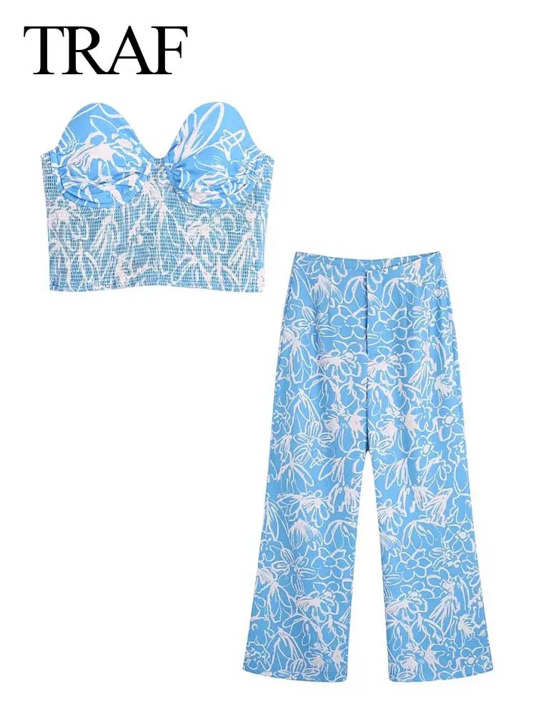 

TRAF Fashion Womens Strapless Tops Vintage Printed Slim Bustier + High Waist Trousers Suits Summer Female Casual Streetwear