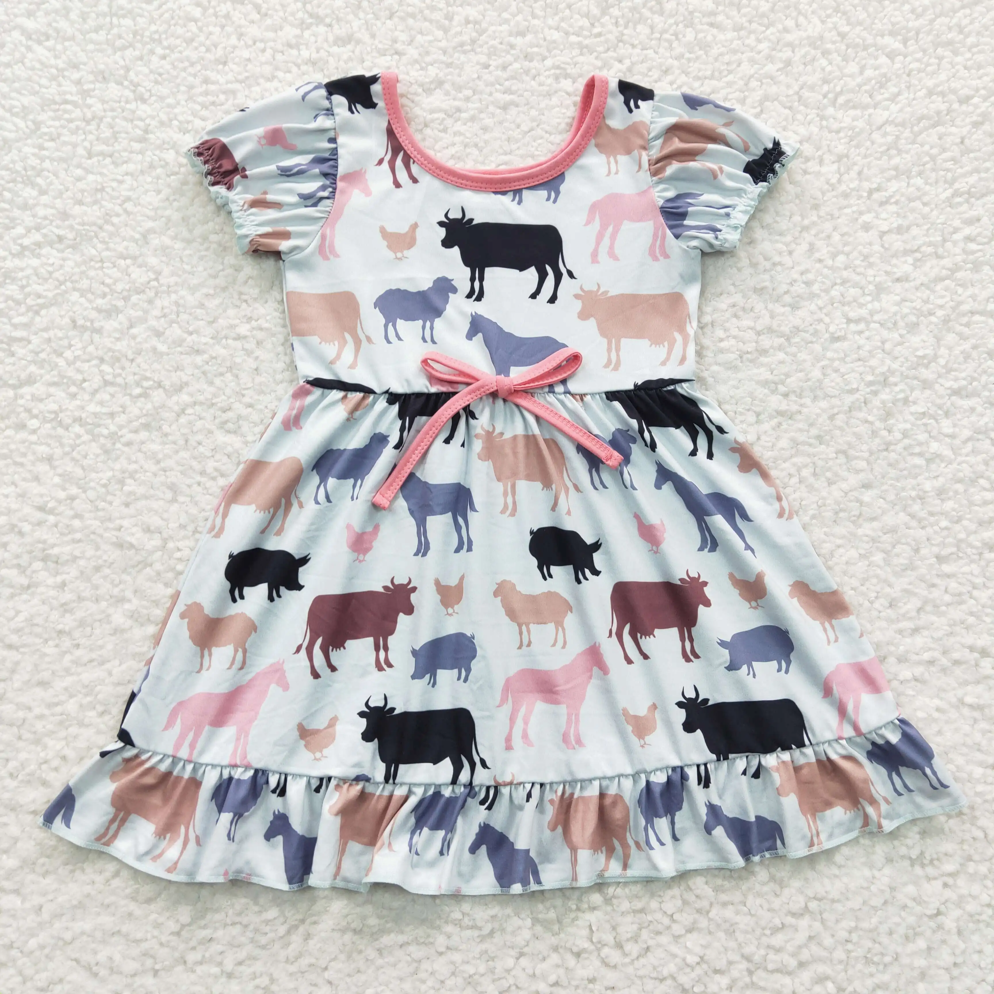 

Cow Print Dress Boutique Children Girls Short Sleeves Pink Twirl dresses Toddlers High Quality Popular Summer Clothing