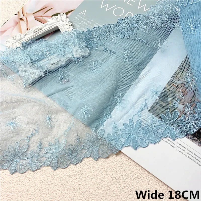 

18CM Wide Sky Blue Tulle Mesh Exquisite Embroidered Floral Lace Fabric Trim Ribbon Dress Cloth Curtains DIY Sewing Guipure Decor
