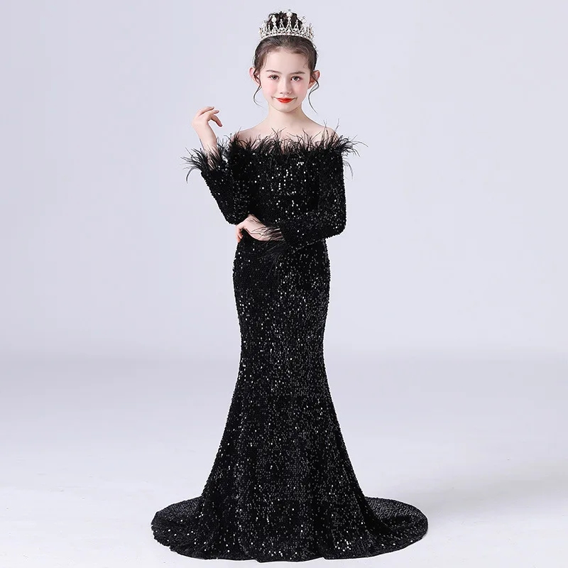 Child Girl Black Gown Strapless Off Shoulder Backless Long Sleeve Floor Length Feather Sequin Wedding Evening Party Maxi Dresses