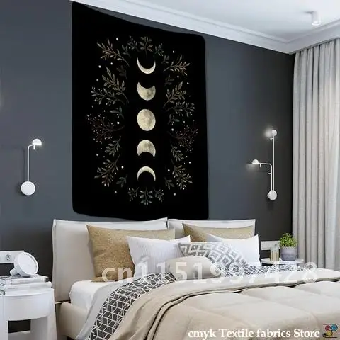 Классический Зеленый гобелен в богемном стиле с оливковым листьем и лунным