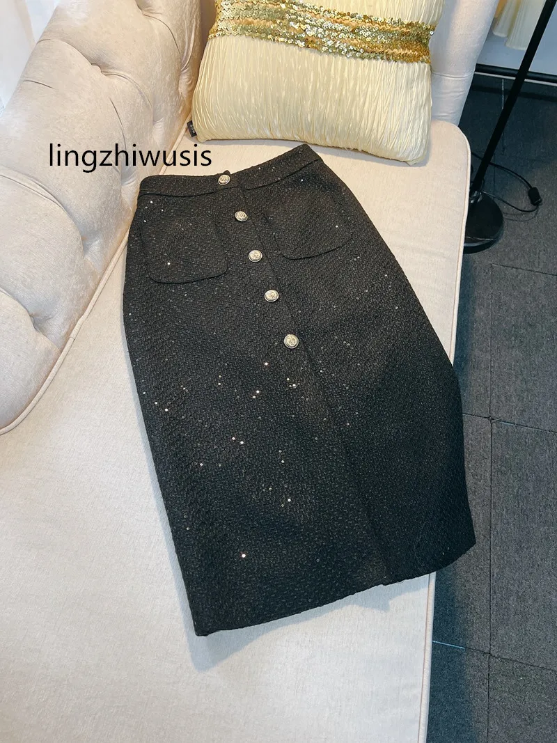 

Женская твидовая юбка, черная винтажная элегантная длинная юбка во французском стиле Хепберн с блестками, Новое поступление на осень-зиму