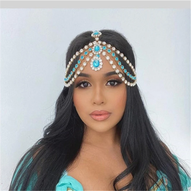 

Boho Blue Gemstone Water Drop Pendant Forehead Chain Ladies Wedding Dinner Multilayer Rhinestone Bit Chain Jewelry Accessories