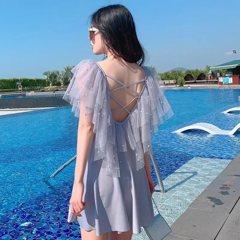 

Swimsuit Female One Pieces Boxer Oversized Conservative Slimming Cover Belly Hot Spring Students Korean Bathing Swimming Suits