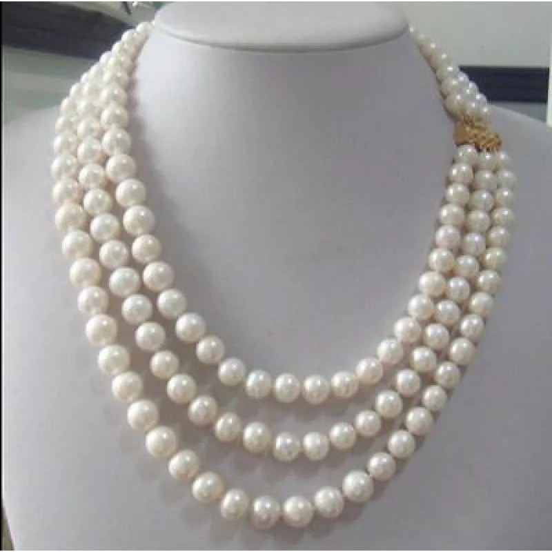 

Real 7-8mm 3 strands Australian south sea white pearl necklace 17-19"14K