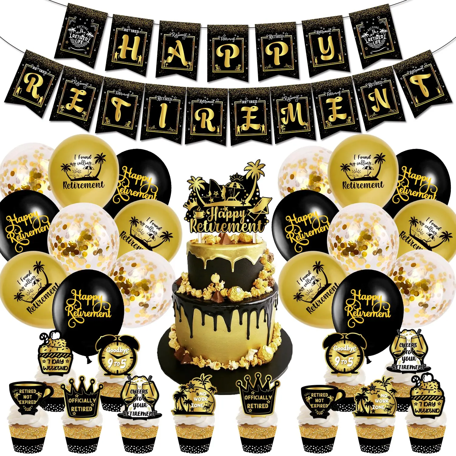 

Sursurprise Black Gold Retirement Farewell Party Decorations HAPPY RETIREMENT Banner Cake Toppers Balloons for Retirement Party