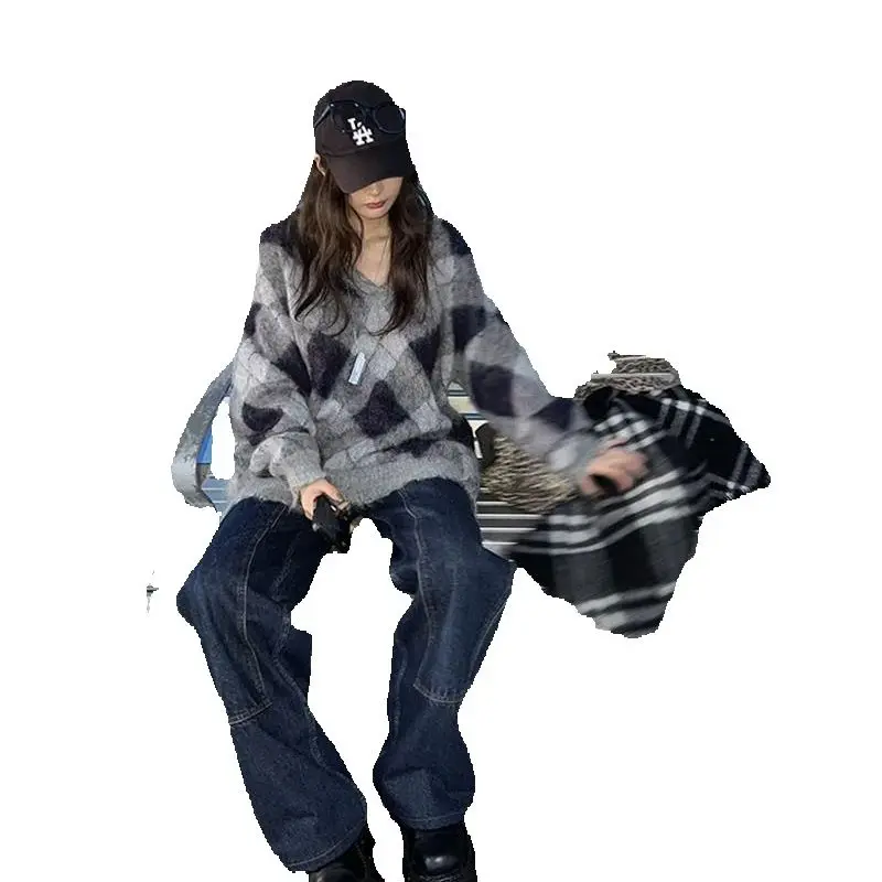 Женский свободный вязаный кардиган с v-образным вырезом пуловер новинка осени 2024