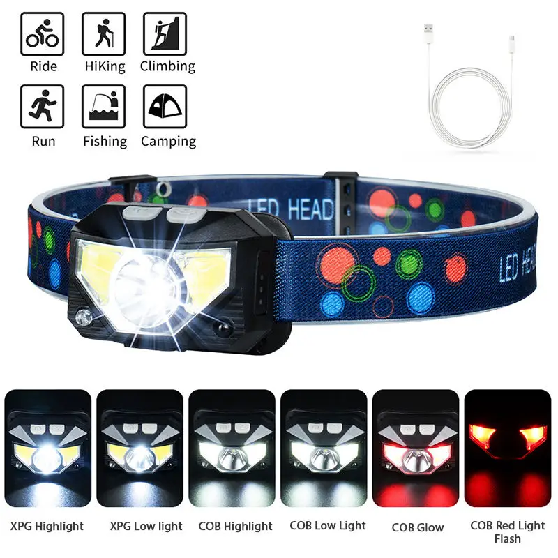 8 Modes Handfress Motion Sensor Powerful LED Headlight Headlamp Head Lamp COB Flashlight Torch Head Light for Camping, Fishing