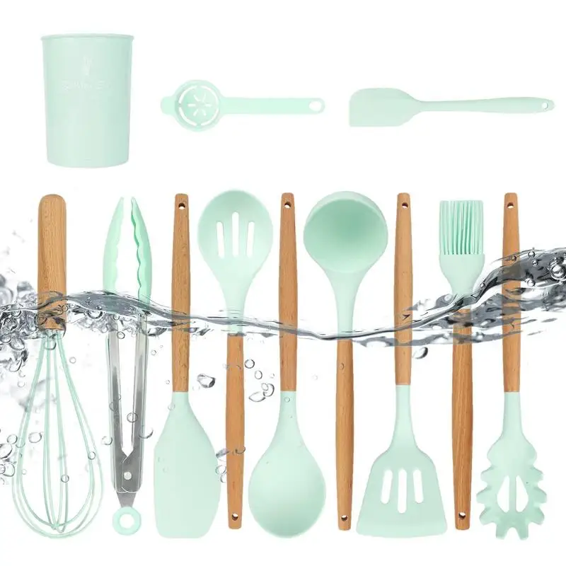 

12 шт./набор, антипригарные силиконовые кухонные принадлежности с деревянной ручкой