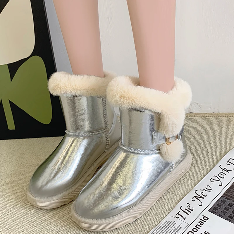 

Ботильоны челси из искусственной кожи на меху, короткие плюшевые теплые зимние ботинки, женская обувь, новинка зимы 2022, Спортивная повседне...