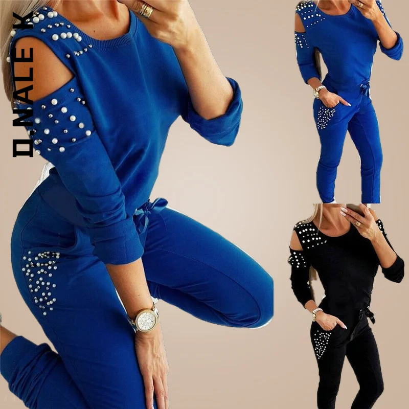 

D.Nale K New Women Set Beading Decor Cold Shoulder Long Sleeve Top Pants Two Piece Set High Waist Elegant Women's Tracksuit Set