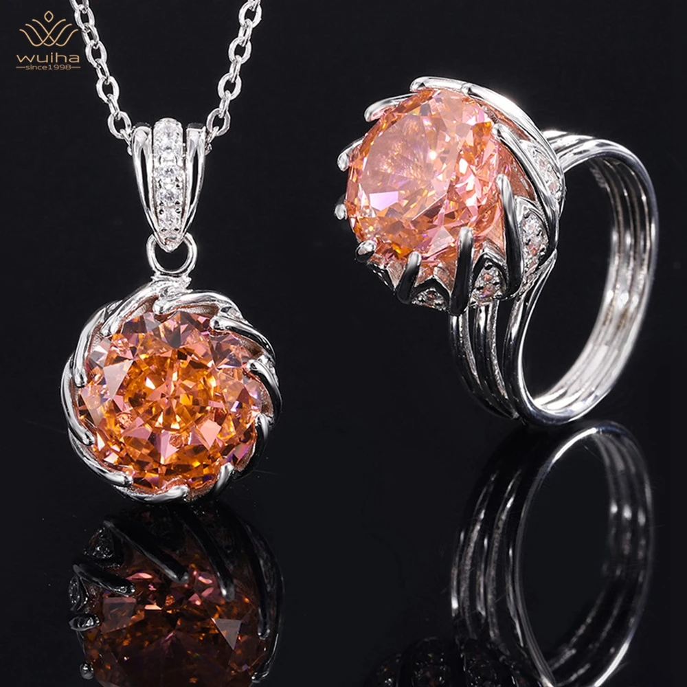 

WUIHA роскошный 925 Стерлинговое Серебро 12*12 мм сапфир падпарадский ограненный драгоценный камень кольцо/кулон/ожерелье подарок Ювелирный Ком...