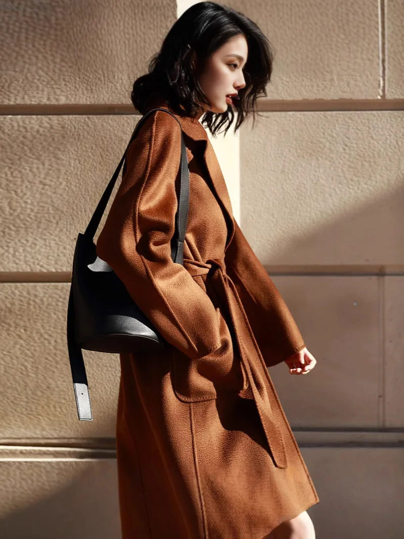 Зимнее пальто женское длинное кашемировое с волнистой водой повседневное модное