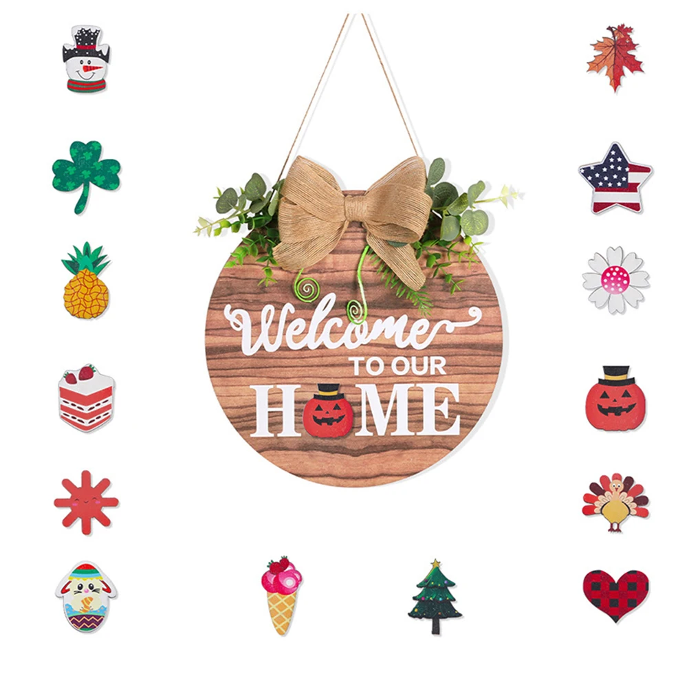 

Interchangeable Seasonal Welcome Sign Front Door Decoration Rustic Round Wood Wreaths Wall Hanging Outdoor Holiday
