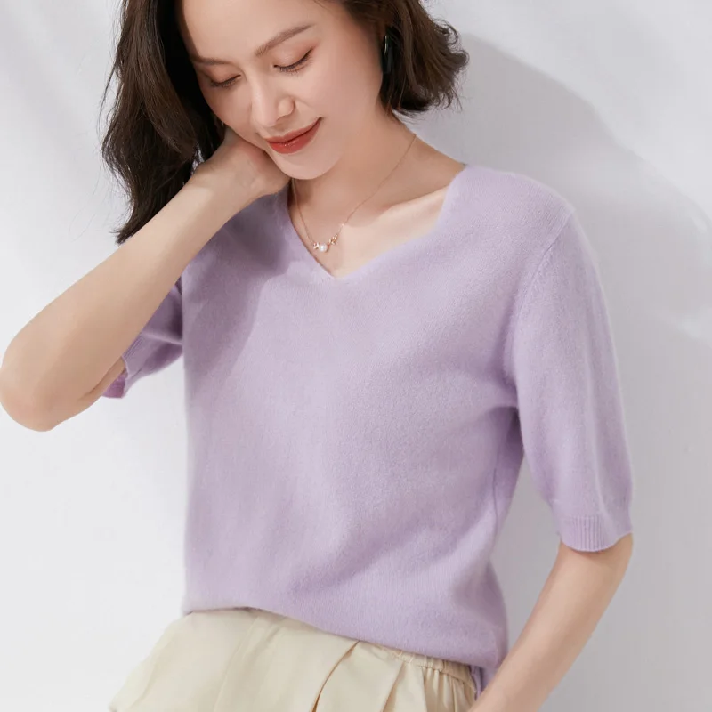

100%Wool Sweater Women V-neck Short Sleeve Tops Korean Fashion Clothes All Seasons Pullover Knitwear Casual Loose Knitted Jumper
