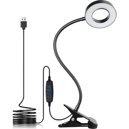Микрокейс 12 см светодиодная USB-лампа настольная с зажимом для чтения книг и работы в комнате черного цвета с 3 цветами и 10 уровнями освещения.