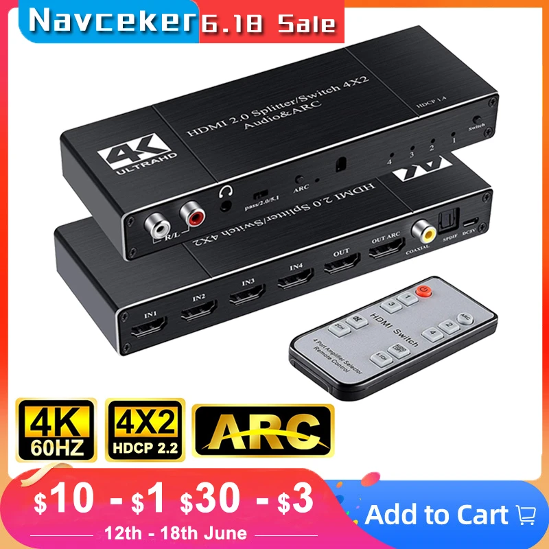 4x2 4K HDMI переключатель аудио экстрактор ARC & оптический Toslink 4 в 2 выходной переключатель HDMI 4K 60 Гц HDMI переключатель дистанционное управление для Apple TV PS4