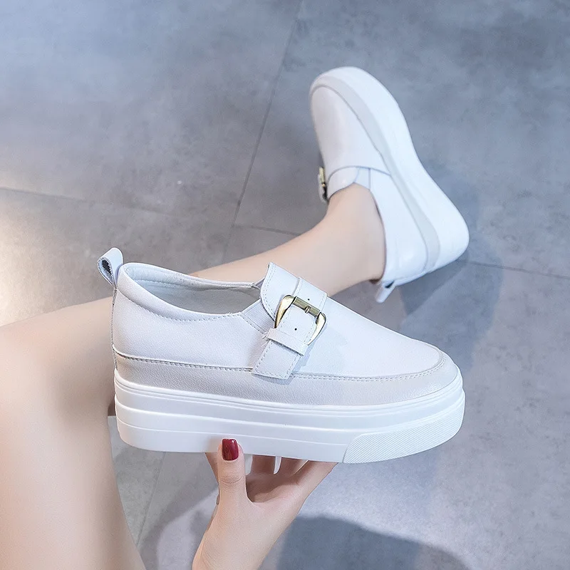 Black 7CM Platform Wedge Women Shoes Genuine Leather Slip on Buckle Hidden Heel Chunky Leather Women Sneakers Women Casual Shoes