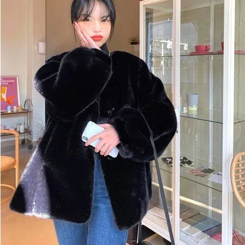 black Korean Style Black Faux Fur Coat Women 2022 Thick Warm Teddy Bear Jackets Woman Streetwear Loose Winter Outwears Ladies