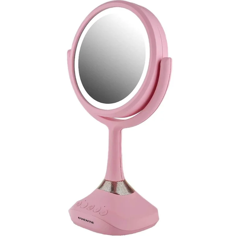 

Ovente Lighted Vanity Mirror, Table Top, 360 Degree Spinning 6'' Double Sided Circle LED 1X 5X Magnifier with MP3 Audio