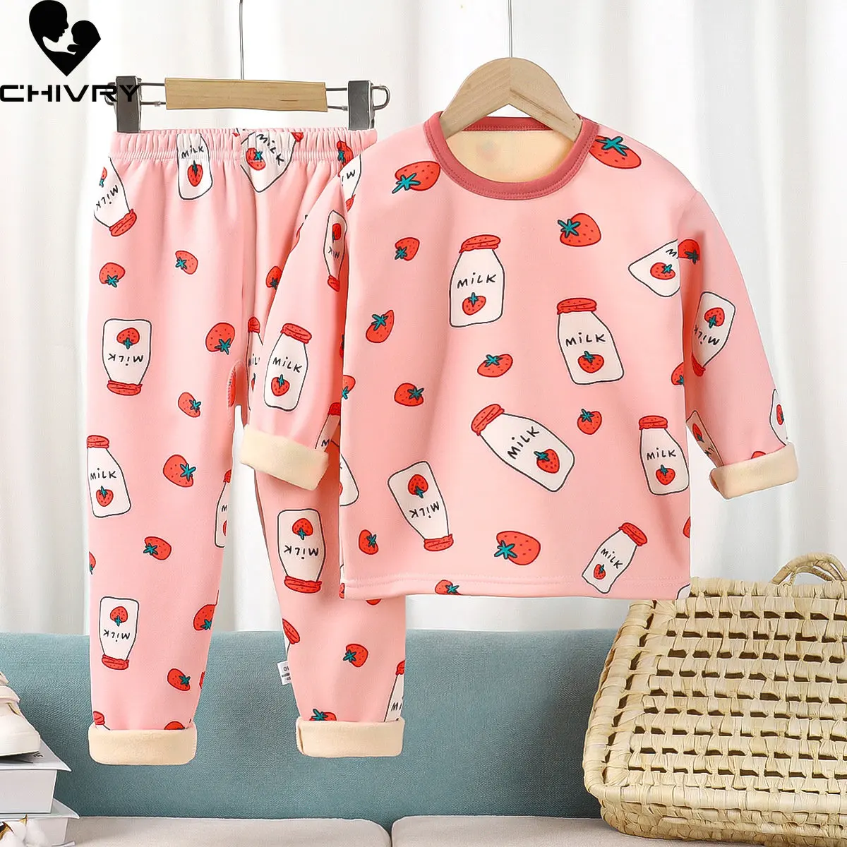 

New Kids Boys Girls Thick Pajama Sets Cartoon Print Long Sleeve Warm T-Shirt Tops with Pants Baby Autumn Winter Sleeping Clothes