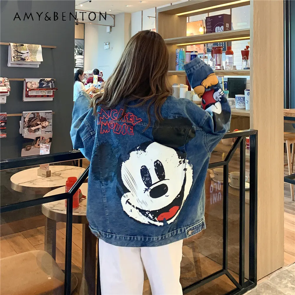 Cartoon Patterned Denim Jacket Women's Spring and Autumn New Loose Large Jacket Cartoon Casual Top for Ladies Denim Coats