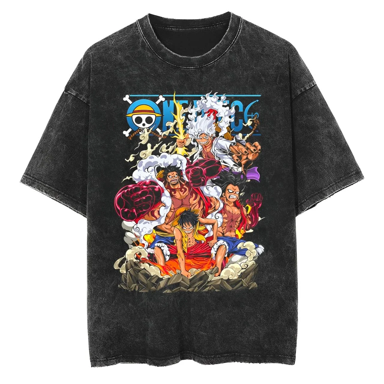 Фото Футболка One Piece Luffy Gear 2 3 4 5 Nika, винтажная, с эффектом кислотной стирки, уличная одежда, оверсайз, ретро, с аниме-графикой, хлопковая, мужская, одежда №1