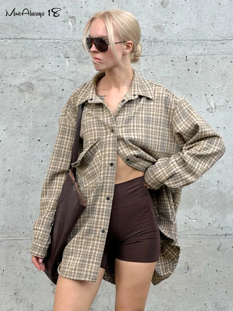

Mnealways18 Khaki Gingham Shirts Vintage Women Classy Oversized Button Blouses And Tops Autumn Winter 2023 Casual Plaid Ladies