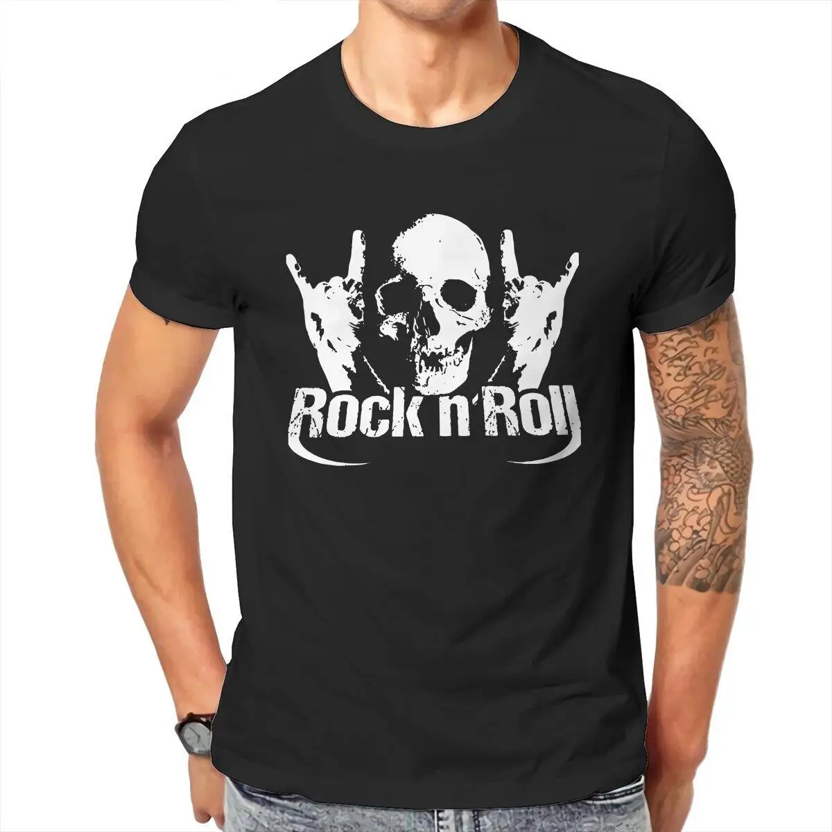 Rock and Roll Skull  Men's T Shirt Horror Halloween Vintage Tee Shirt Short Sleeve T-Shirts 100% Cotton Big Size Clothing