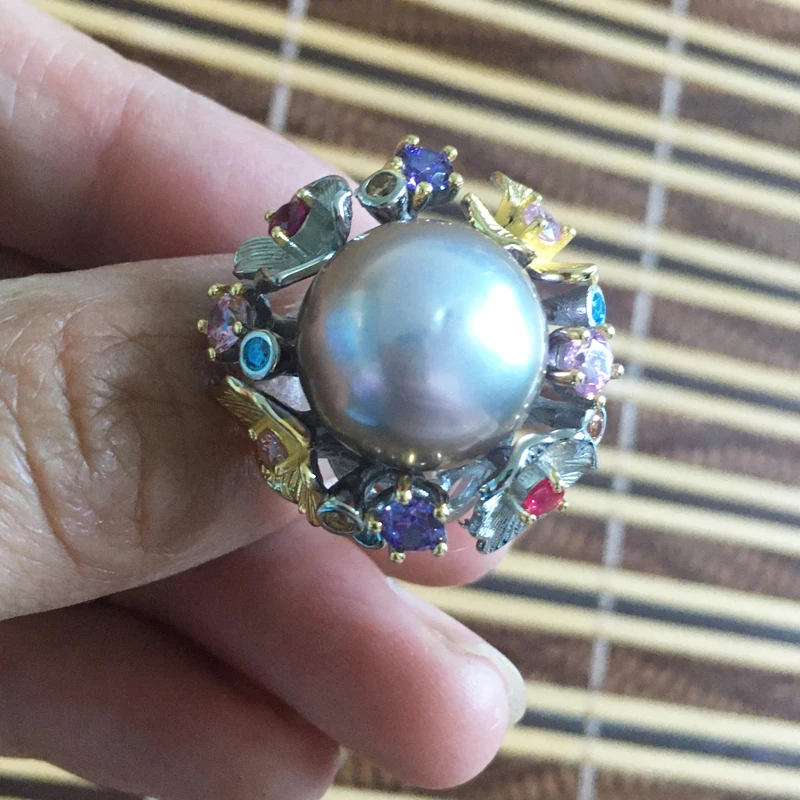 Женское кольцо из серебра 925 пробы с натуральным пресноводным барочным жемчугом